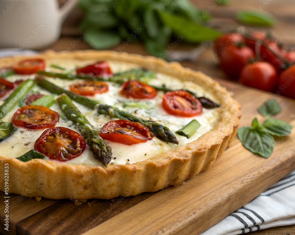 Delicious vegetable tart with asparagus, cherry tomatoes and cheese on a wooden board. Delicious vegetable tart with asparagus, cherry tomatoes and cheese on a wooden board.