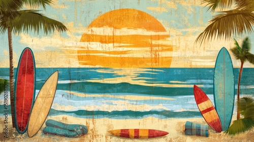Vintage Surf Scene at Sunset