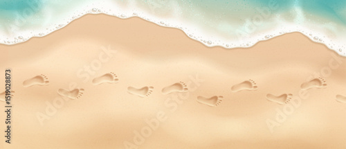 Illustration of sandy beach with footprints in realistic style. Soft beige and blue colors. Represents a serene beach walk. Ideal for travel promotions.