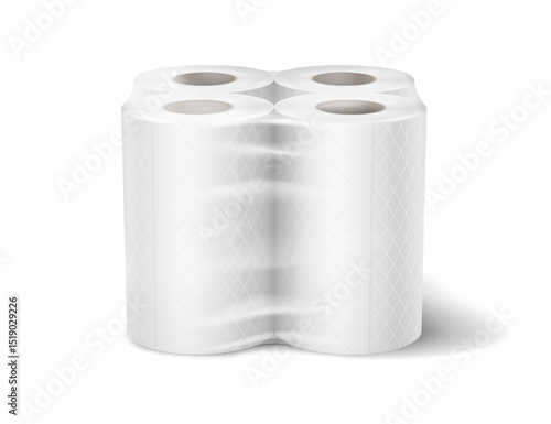 Realistic 3D rendering of a fourpack of toilet paper rolls in white packaging. The design emphasizes hygiene and convenience. Ideal for sanitation and household uses.