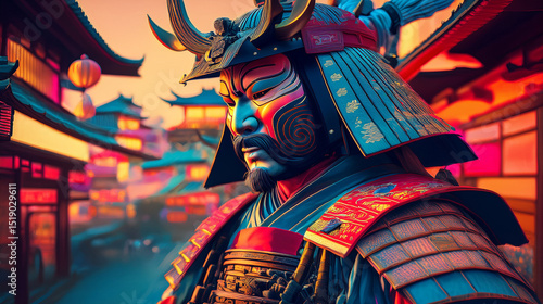 Generated Image of samurai Japan background explosion of colors vivid