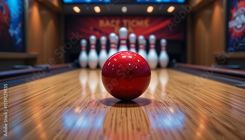  A perfectly polished, bright red bowling ball mid-roll down a freshly oiled, gleaming wooden lane, with a perfectly set arrangement of bowling pins in the distance,