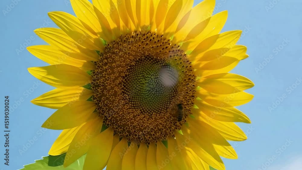 sunflower facing the sun in a bright and clear blue sky with a bee flying near the petals sunflower facing the sun in a bright and clear blue sky with a bee flying near the petals