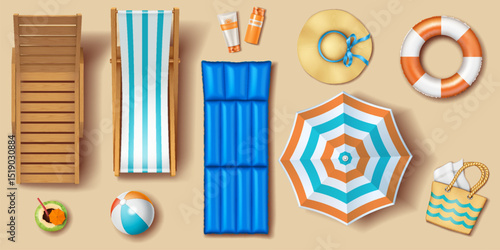 Vector illustration of beach accessories like umbrella, inflatable mattress, sunhat, sunscreen arranged on sand background. Perfect for summer vacation themes and travel advertising.