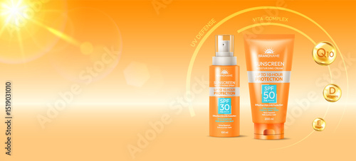 Bright image of sunscreen products featuring SPF protection. Vibrant orange packaging highlights sun defense and includes vitamins for extra care. Ideal for summer use.