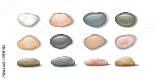Illustration of twelve smooth stones in various earthy tones. Each stone is uniquely shaped. The background is plain white. Suitable for design and nature themes.