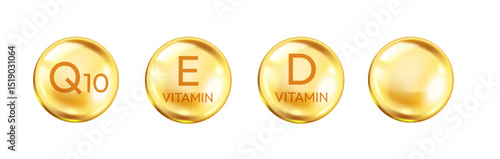 Illustration of golden capsules featuring letters and vitamins. Vibrant yellow tones convey health and vitality. Ideal for wellness and nutritional themes.