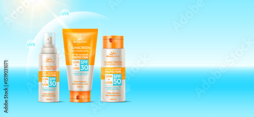 Sunscreen bottles in vibrant orange and white. Showcasing SPF protection against UVA and UVB. Designed for skincare and safety. Bright blue background symbolizes sunny weather.