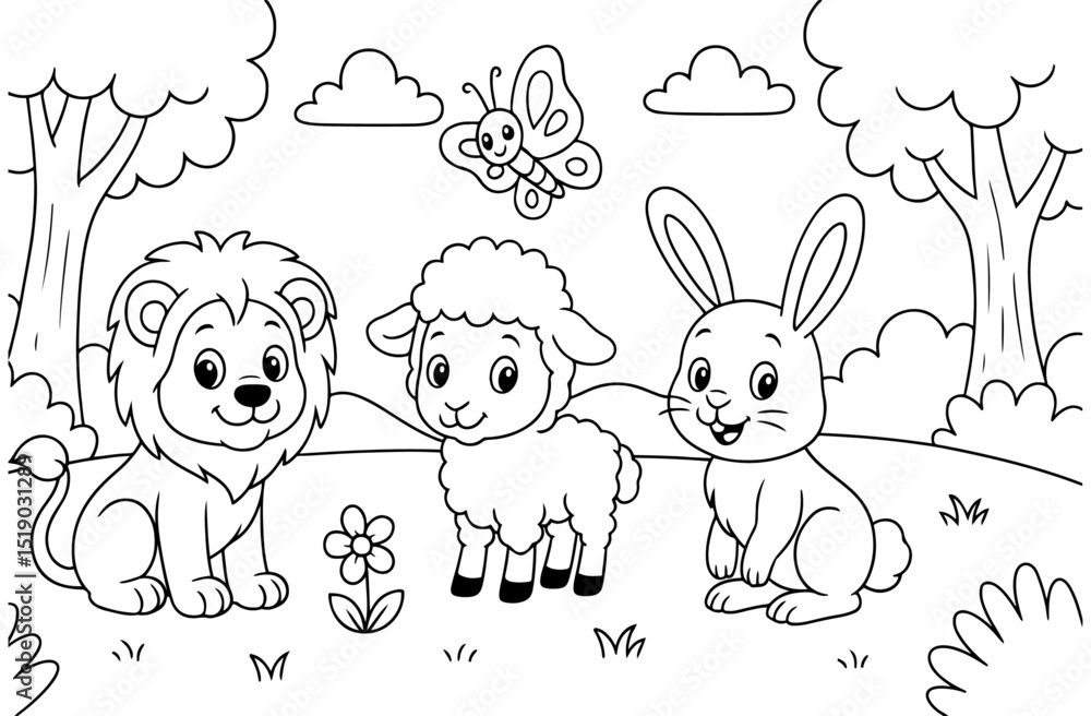 Obraz premium Coloring page featuring a lion, lamb, and rabbit in a forest. Fun and educational printable for toddlers and young kids.