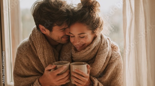 Couple enjoying cozy hot drinks home lifestyle photo intimate environment close-up view warmth and connection