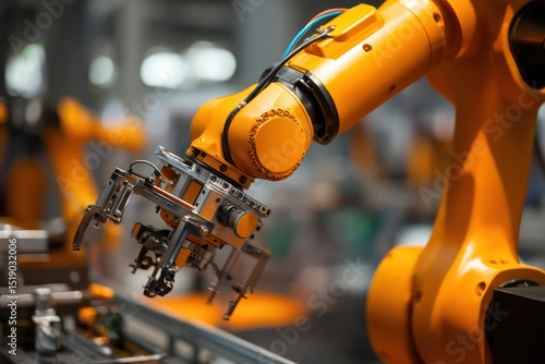 Close-up of a highly accurate industrial robot arm with precision mechanics performing tasks.