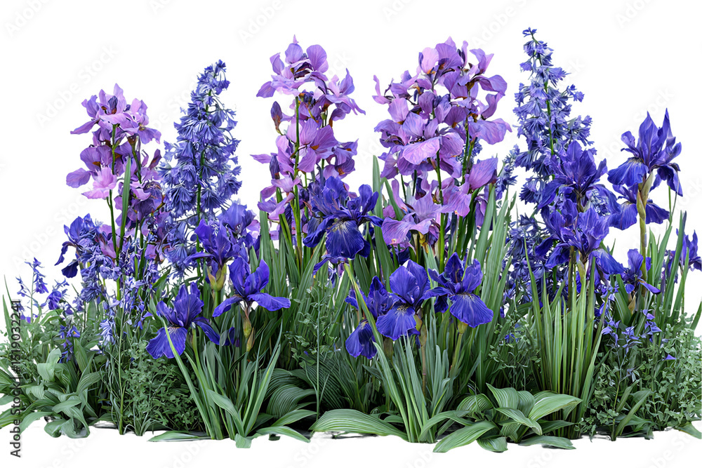 Naklejka premium Lush Purple and Blue Irises and Lavender Floral Arrangement, PNG