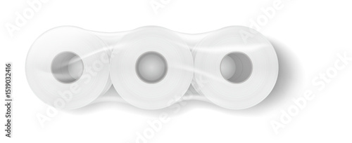 Vector illustration of three toilet paper rolls in clear packaging. Crisp white design contrasts with simple background, highlighting everyday use item for hygiene.