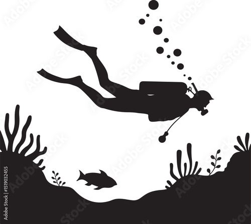 Scuba diving vector silhouette in black and white