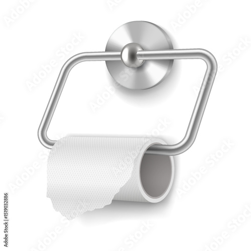 A realistic illustration of toilet paper on a sleek metal holder. The design features clean lines and a minimalist aesthetic. It is set against a plain white background