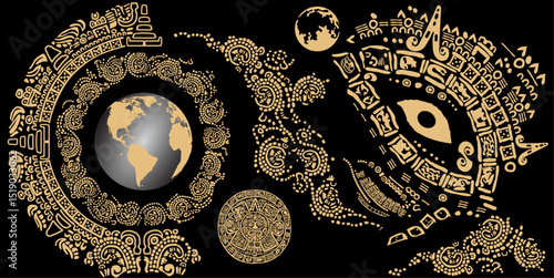 Cosmic eye, symbols, letters, masks and images of the ancient Mayan and Toltec civilizations.