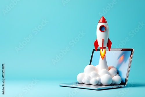 Rocket launching from laptop screen with smoke on a light blue background in a studio setting