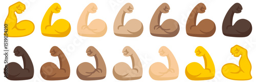 Muscle icon set, flexed bicep arm icon hand emoji. Feats of strength sign - Biceps musclar arm icon - Flexing arm muscles, strong icons