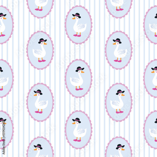 Cute White Goose in Hat seamless pattern on stripe background, Cottagecore coquette aesthetic. Cartoon Duck Pattern design for fabric, wallpaper, farmhouse decor, banner, cover, stationary. 