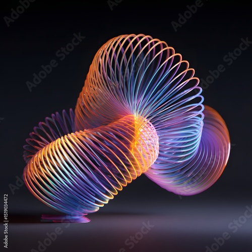 an unwinding slinky toy forming radiant circular patterns as it hovers mid-air isolated on dark background