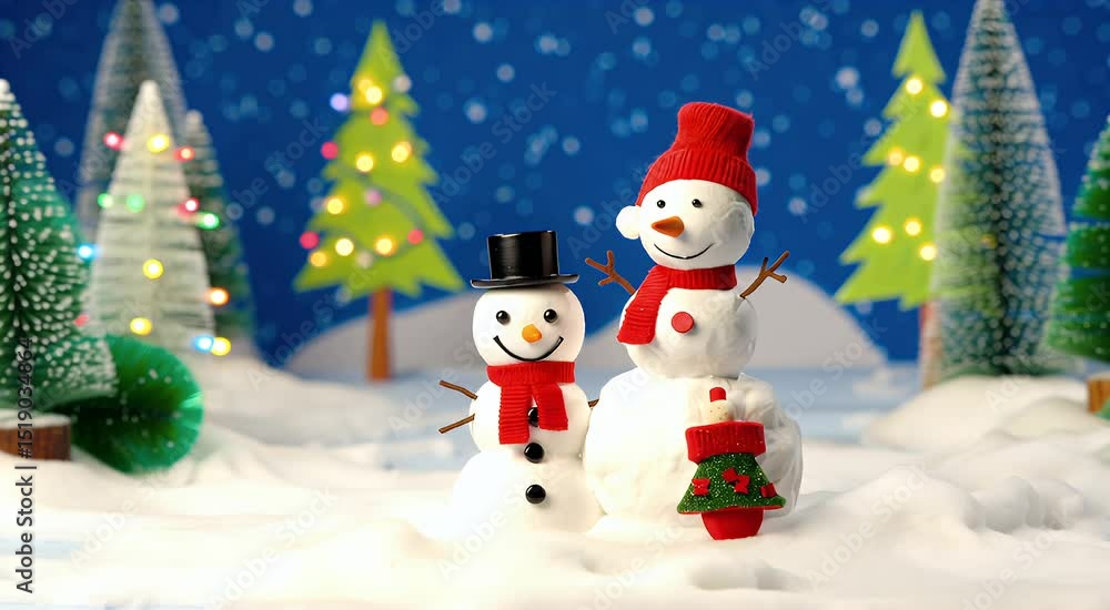 Two snowmen in a winter scene with Christmas trees Two snowmen in a winter scene with Christmas trees