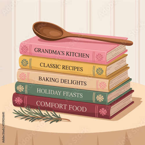 A stack of recipe books on a table with a wooden spoon and a rosemary sprig depicting cooking and baking themes