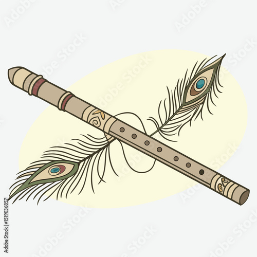 Hand-drawn wooden flute with peacock feather decoration
