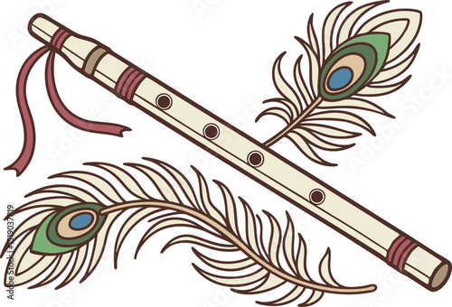 Hand-drawn wooden flute with peacock feather decoration
