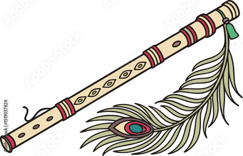 Hand-drawn wooden flute with peacock feather decoration
