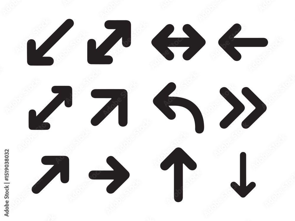 A clean and modern graphic design featuring various directional arrows in black vector art on white A clean and modern graphic design featuring various directional arrows in black vector art on white