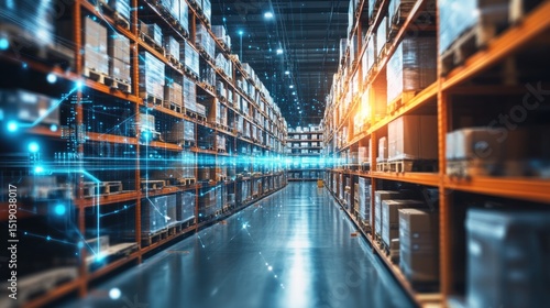 High-tech warehouse interior, automated storage