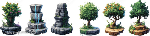 variety of stylized bushes and trees,rocks isolate