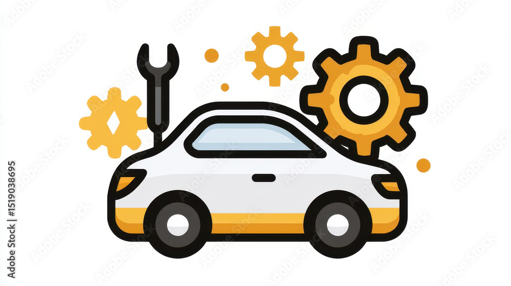 Obraz premium Car icon with spark plug, gears, and wrench symbolizing repair and maintenance, featuring clean and modern design with yellow and black accents