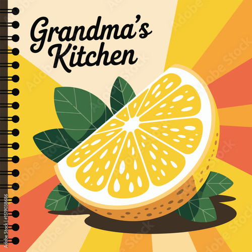 Grandma's kitchen vector illustration featuring a vibrant lemon slice fresh leaves and a cookbook design element on a bursting colorful background