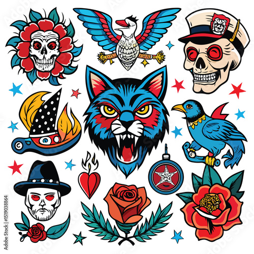 American Traditional Tattoos: A vibrant compilation of American traditional tattoo art, showcasing bold lines and iconic imagery such as skulls, roses, eagles, and wolves in a timeless aesthetic.