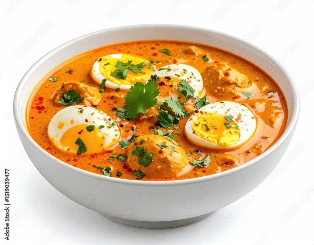 A delicious bowl of creamy egg curry features hard-boiled eggs led in a rich, flavorful tomato-based sauce garnished with fresh cilantro. A delicious bowl of creamy egg curry features hard-boiled eggs led in a rich, flavorful tomato-based sauce garnished with fresh cilantro.