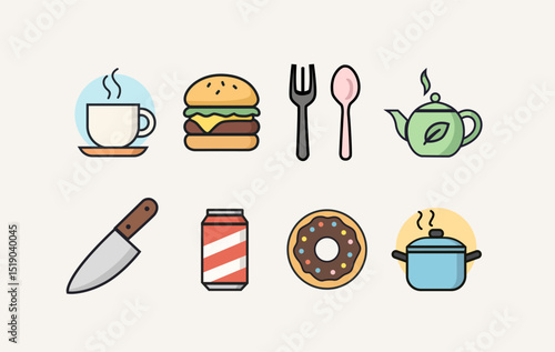 Kitchen and Food Icons Set – Flat Colorful Cooking and Meal Symbols