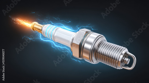 Detailed illustration of spark plug emitting electric spark, showcasing its metallic design and functionality against dark background. image highlights energy and precision of component