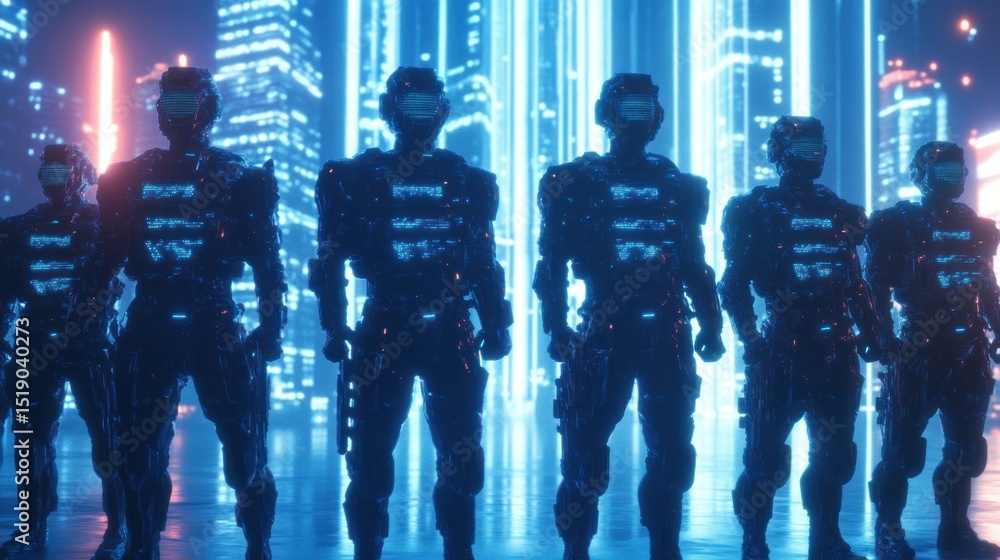 Fototapeta premium Futuristic security team in neon city. Cyber soldiers stand guard in a vibrant, digital urban environment. High-tech armor and glowing light displays reflect a futuristic vision of urban protection