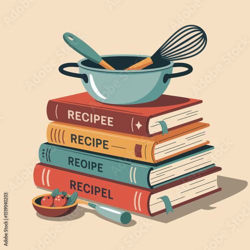 Stack of recipe books with cooking utensils and fresh ingredients for culinary inspiration and culinary delights in a delightful design