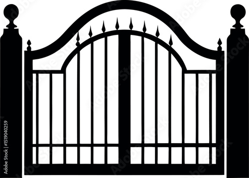 Elegant wrought iron gate with arched top and ball topped posts vector silhouette Generative AI