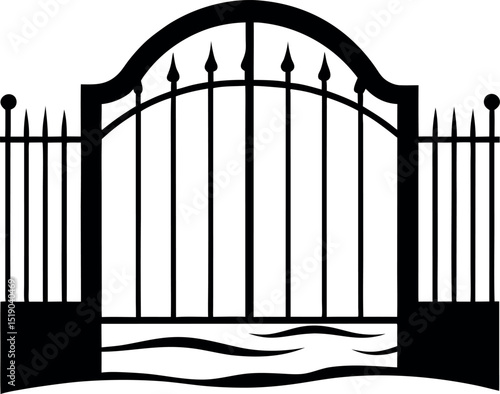 Wrought iron gate with arched top and spear finials vector silhouette Generative AI