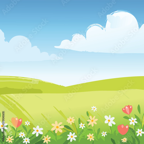 Grass and sky background. Crayon kid landscape with spring field. Vector green grass, flower, blue sky, cloud child wax pastel painting.children, border, chalk, doodle, draw, land, lawn, meadow, paint