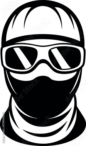 A stark monochrome image depicts a person masked, and wearing sunglasses vector silhouette Generative AI