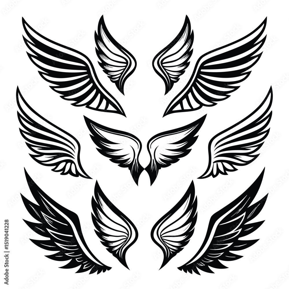 Collection of Black and White Wing Illustrations for Graphic Design Elements Collection of Black and White Wing Illustrations for Graphic Design Elements