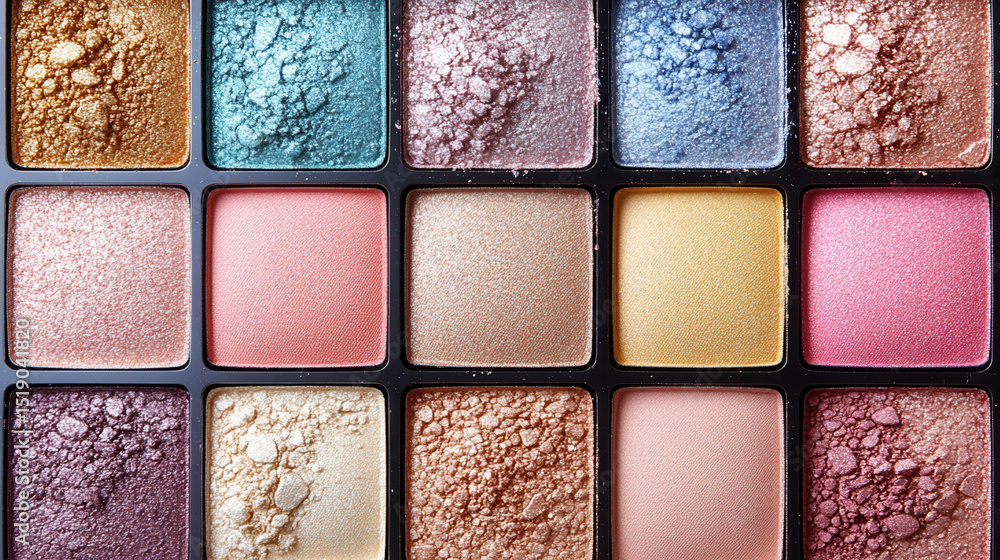 Fototapeta premium Delicate shimmery pastel eyeshadows flat lay