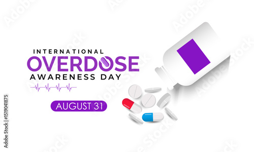 International Overdose Awareness Day. Unite for Prevention, Remember with Purpose. Syringe, pills, Medicine bottle, Capsules with powder or granules.. Purple Realistic ribbon. Banner poster, backgroud