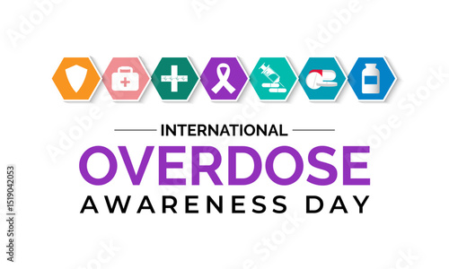 International Overdose Awareness Day. Unite for Prevention, Remember with Purpose. Syringe, pills, Medicine bottle, Capsules with powder or granules.. Purple Realistic ribbon. Banner poster, backgroud