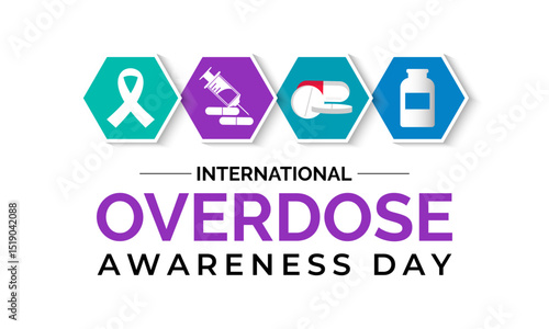 International Overdose Awareness Day. Unite for Prevention, Remember with Purpose. Syringe, pills, Medicine bottle, Capsules with powder or granules.. Purple Realistic ribbon. Banner poster, backgroud