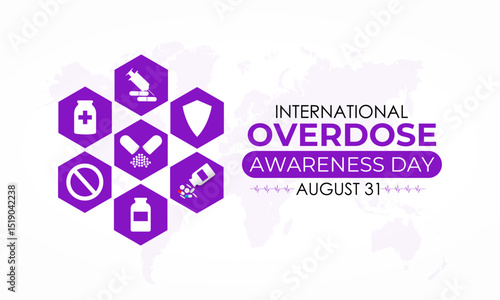 International Overdose Awareness Day. Unite for Prevention, Remember with Purpose. Syringe, pills, Medicine bottle, Capsules with powder or granules.. Purple Realistic ribbon. Banner poster, backgroud